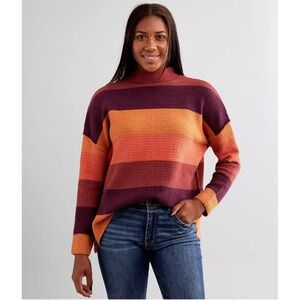 BKE Womens Striped Pullover Sweater Mock Neck Long Sleeve Zipper Back Size Large